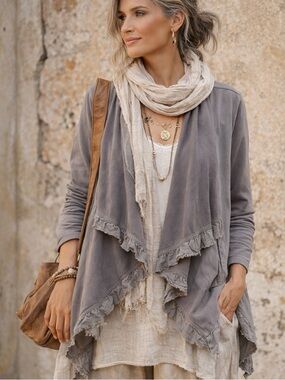 BACCINI Boho Draped Lightweight Taupe/Gray Open Front Jacket w/Ruffle Trim | M